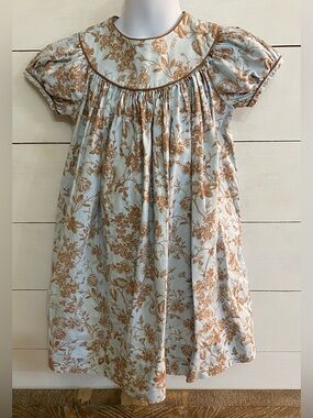 Vintage Kelly’s Kids Girls’ Sz XS (3-4) Blue/Brown Floral Toile Bishop Dress